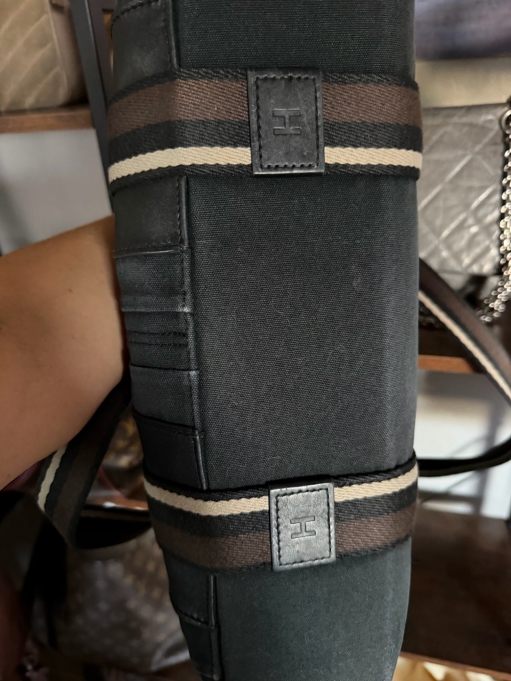 Hermes Black Canvas vintage Troca Bag with Brown and Cream Striped Handles - Picture 8 of 8